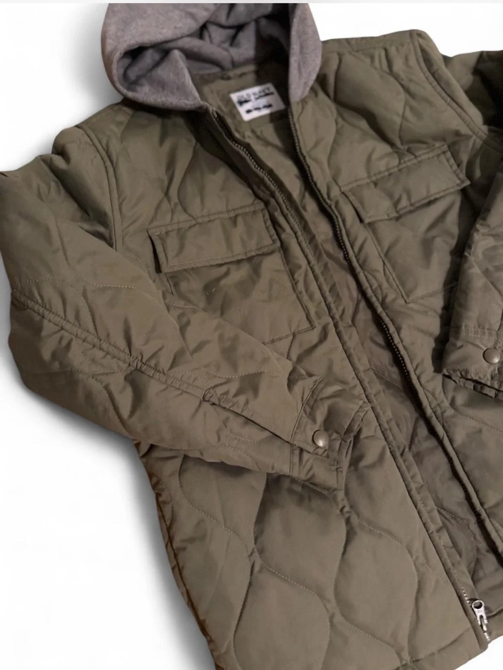 Old Navy Boys Olive Green Quilted Field Jacket with Gray Hood